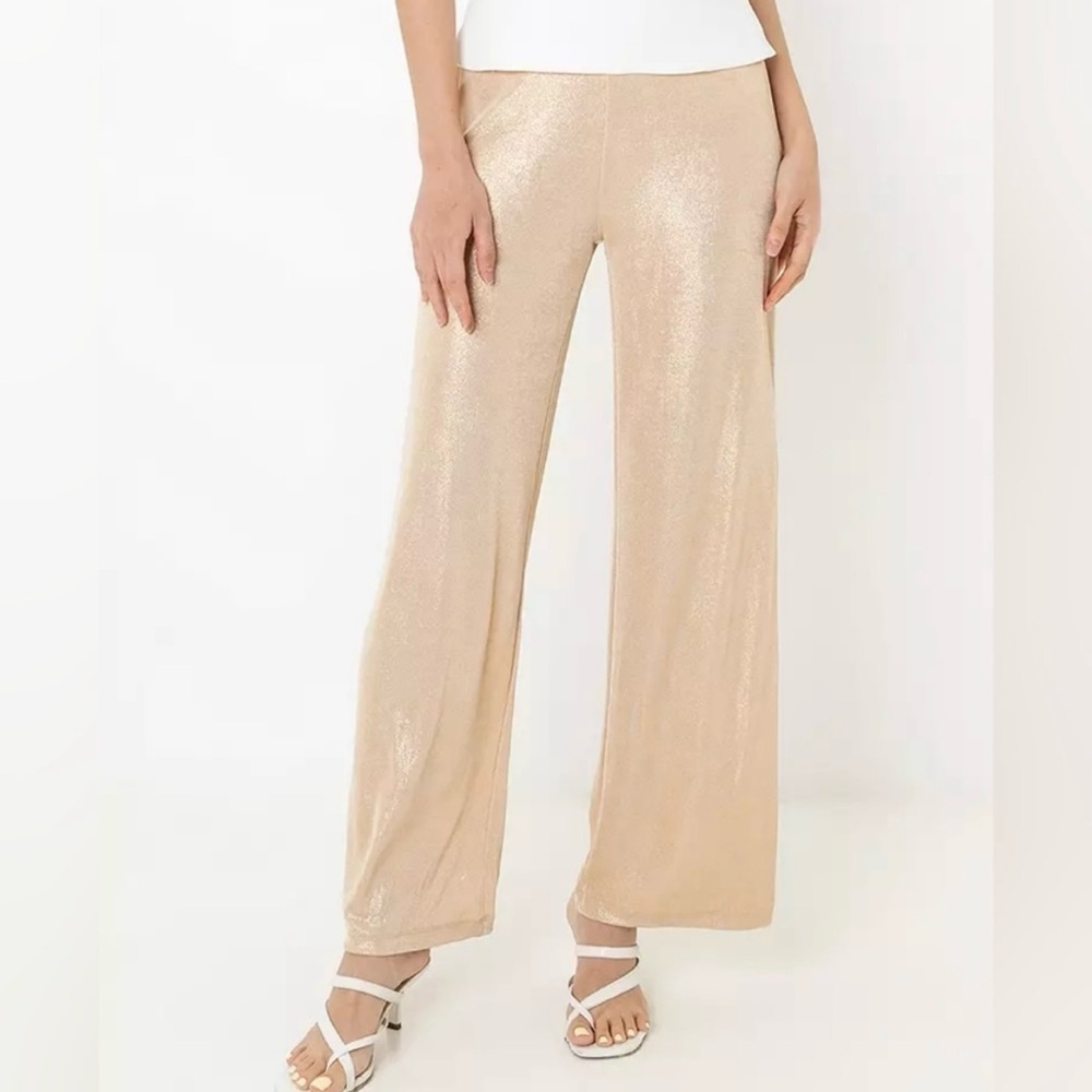 Zara Gold Shimmer Wide Leg Pants Pull on Womens M Flowy Lightweight Stretchy NWT
